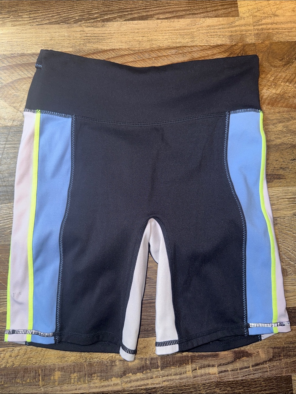 Fabletics Women’s Black Performance Bike Shorts with Blue & Cream Panels